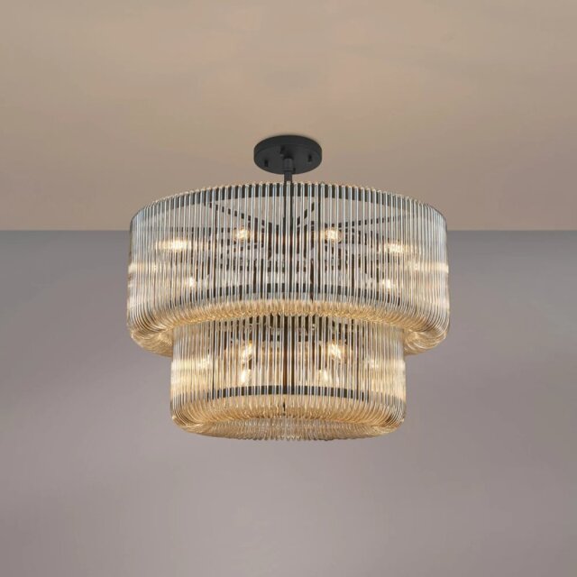 Verne 78 cm 2 Tier Pendant / Semi Flush Light In Black Finish With Smoked Brown Glass