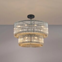 Verne 78 cm 2 Tier Pendant / Semi Flush Light In Black Finish With Smoked Brown Glass