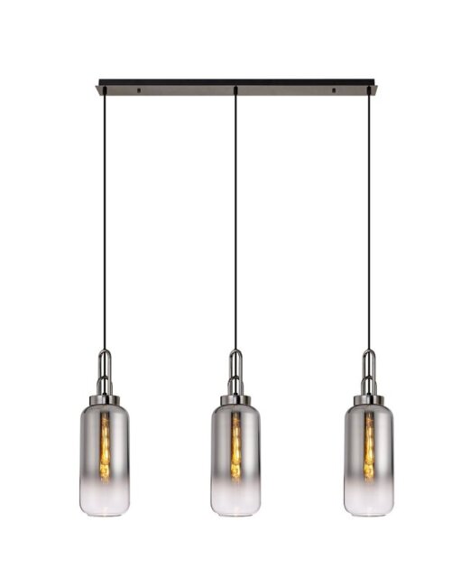 Glenn 3 Light Linear Ceiling Pendant Light In Black Chrome With Smoked And Clear Glass