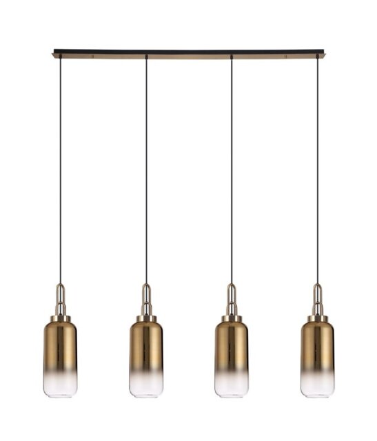 Glenn 4 Light Linear Ceiling Pendant Light In Brass Gold With Gold And Clear Glass 