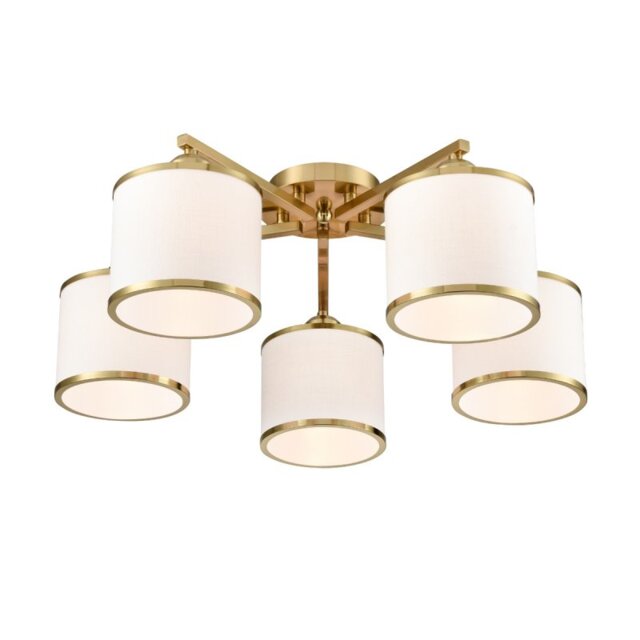 Franklite Sirius 5 Light Flush Ceiling Light In Aged Brass With Off White Shade FL2496-5