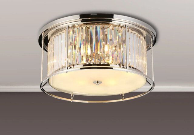 Crown 65 cm Flush Ceiling Light In Polished Nickel Finish With Clear Crystal Glass