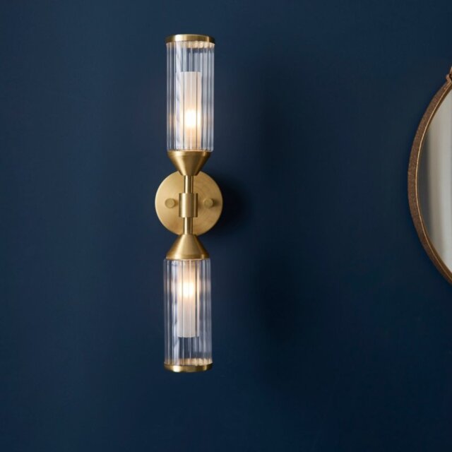 Pillar 2 Light Wall Light In Satin Brass With Clear Ribbed And Frosted Glass