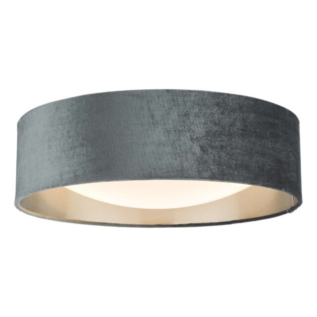 Dar Lighting Nysa 2 Light Flush Ceiling Light With Dark Grey Velvet Shade And Frosted Diffuser 40 cm