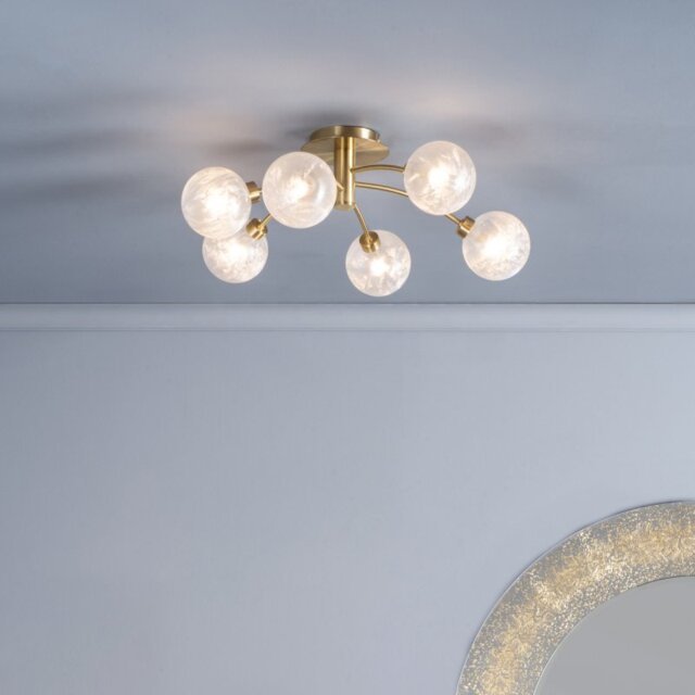 Dar AVA6441 Avari 6 Light Semi Flush Ceiling Light In Brass With Frosted Glass