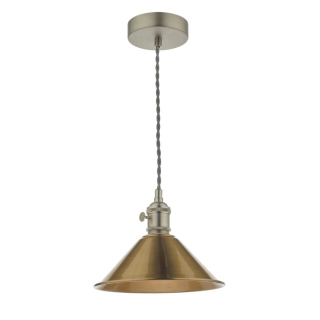 Dar Lighting Hadano Single Ceiling Pendant Light In Antique Chrome With Brass Shade