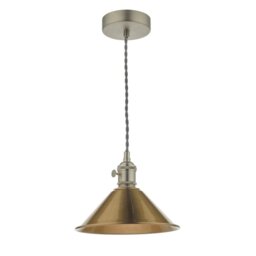 Dar Lighting Hadano Single Ceiling Pendant Light In Antique Chrome With Brass Shade