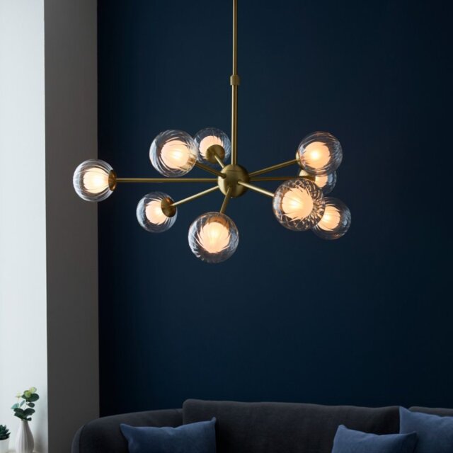 Duo 9 Light Ceiling Pendant Light In Satin Brass Finish With Duplex Glass Shades