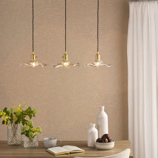 Dar Wisebuys Hadano 3 Light Ceiling Bar Pendant In Natural Brass And Wavy Glass