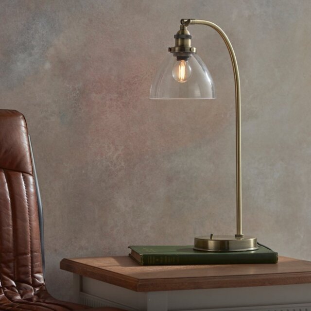 Endon 77859 Hansen Task Table Lamp In Antique Brass Plate And Clear Glass