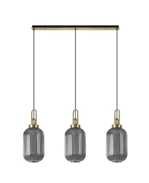 Glenn 3 Light Tubular Linear Pendant In Brass Gold With Smoked Ribbed Glass 