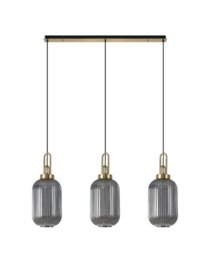 Glenn 3 Light Tubular Linear Pendant In Brass Gold With Smoked Ribbed Glass 