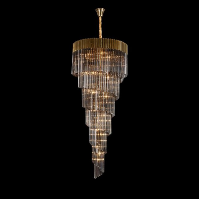 Prestige Metro Grand Spiral Ceiling Pendant Light In Brass With Smoked Sculptured Glass 90cm