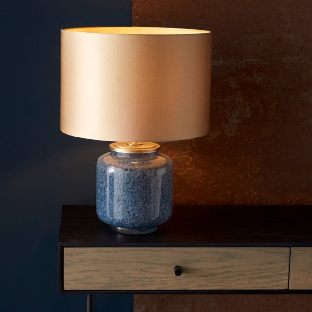 Unique 1 Light Cobalt Glass Table Lamp With Gold Satin Shade