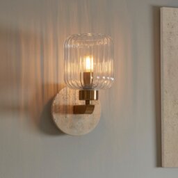 Endon 120668 Travi Wall Light In Vintage Brass With Natural Travertine And Ribbed Glass