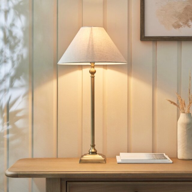 Endon 117829 Lille Table Lamp In Antique Brass Finish With 31cm Natural Linen Shade