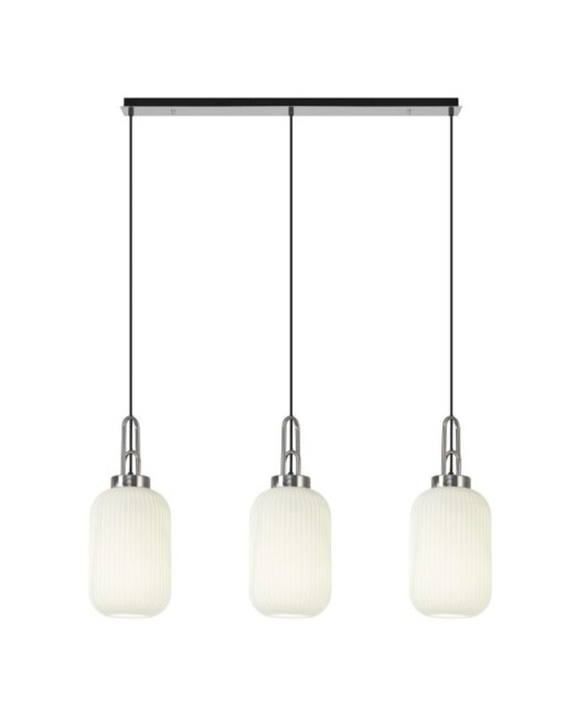Glenn 3 Light Tubular Linear Pendant in Polished Nickel With Opal Ribbed Glass
