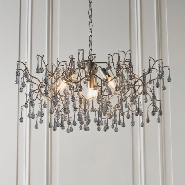 Osier 4 Light Ceiling Pendant In Aged Silver With Smokey Glass Teardrops