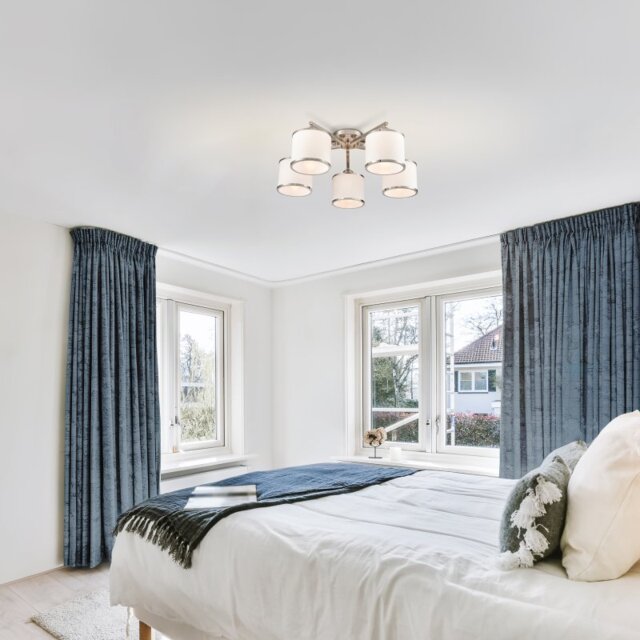 Franklite Sirius 5 Light Flush Ceiling Light In Satin Nickel With Off White Shade FL2495-5