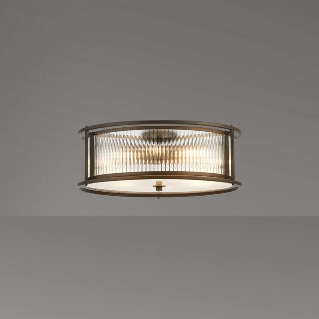 Arcade 50 cm Round Convertible Ceiling Light In Bronze Finish With Clear Ribbed Glass Panels