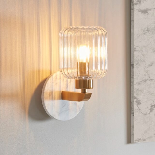 Endon 120666 Travi Wall Light In Vintage Brass With White Marble And Ribbed Glass
