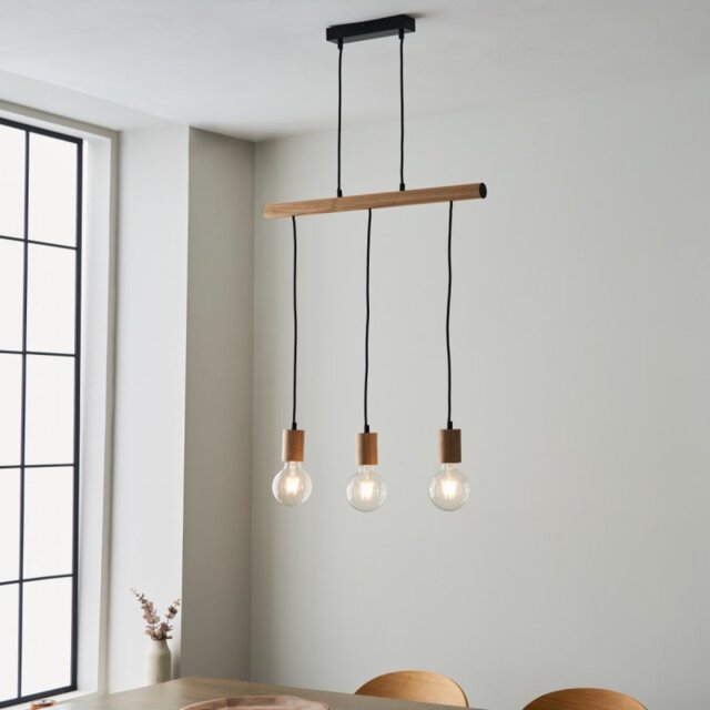 Endon 101678 Sven 3 Light Linear Ceiling Pendant Light In Natural Wood And Black