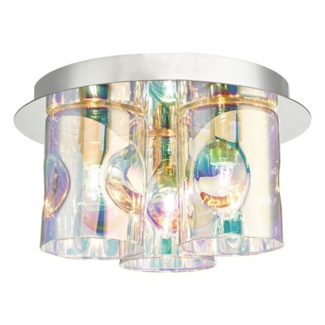 Dar INT5350 Inter Three Light Flush Ceiling Light In Polished Chrome With Iridised Glass Shades