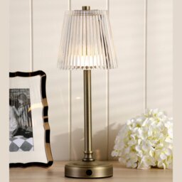 Laura Ashley Callaghan Portable LED Table Lamp In Matt Antique Brass With Ribbed Glass