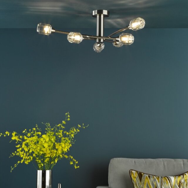 Dar Lighting Zonda 6 Light Semi Flush Ceiling Light In Brushed Nickel With Crystal Glass