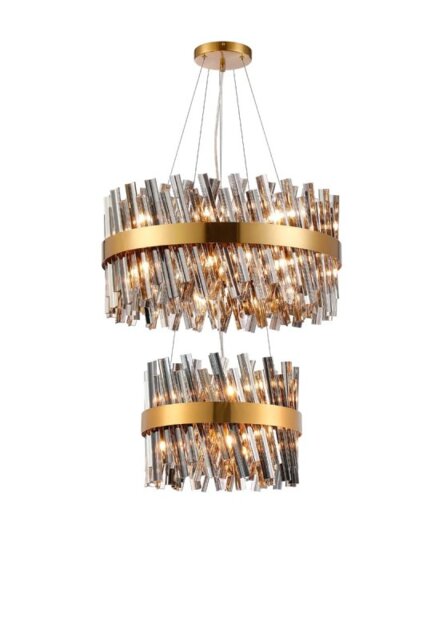 Hampton 2 Tier Ceiling Pendant Light In Brass Finish With Smoked Glass 40+60cm