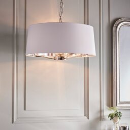 Endon Harvey 73021 3 Light Ceiling Pendant Light In Bright Nickel With White Faux Silk Shade