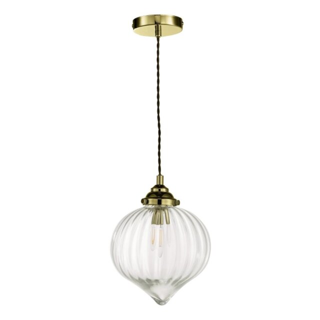 Dar Lighting Mya Single Ceiling Pendant In Antique Brass Finish With Ribbed Droplet Glass