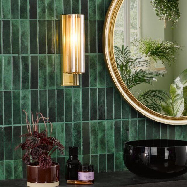 Dar Lighting Bevin Bathroom Wall Light In Natural Brass With Amber Ribbed Glass IP44 BEV0735