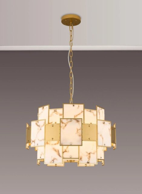 Swiss 59 cm Round Pendant Or Semi Flush With Metal And Faux Gold And Brown Alabaster Panels