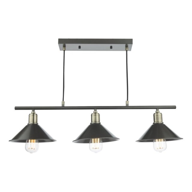 Dar Lighting Jalen 3 Light Bar Ceiling Pendant In Graphite Finish And Antique Brass Finish
