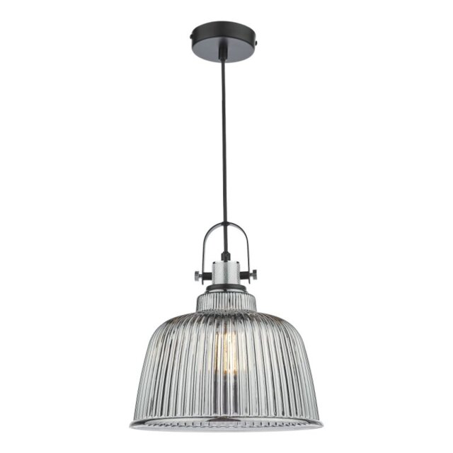 Dar Lighting Rhode Large Ceiling Pendant Light In Polished Chrome Finish With Smoked Ribbed Glass