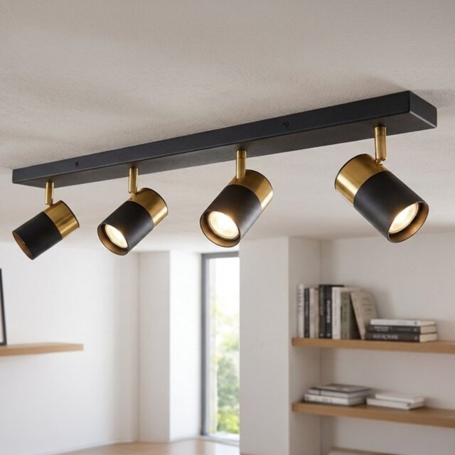 Firstlight 6878BK Roma 4 Light Bar Ceiling Light In Black And Brushed Brass Finish
