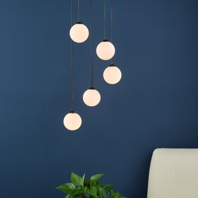 Dar Lighting Federico 5 Light Cluster Ceiling Pendant Light In Black With Opal Glass