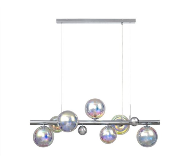System 7 Light Ceiling Pendant In Chrome Finish With Iridescent Glass Shades