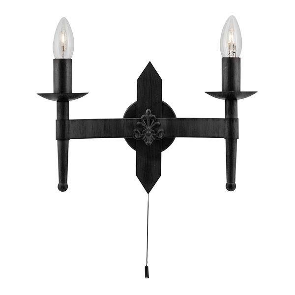 Searchlight 2422-2BK 2 Light Wrought Iron Saxon wall Light with Pull switch