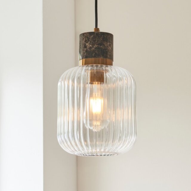 Endon 120665 Travi Ceiling Pendant Light In Vintage Brass With Dark Brown Marble And Ribbed Glass