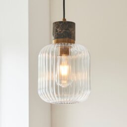 Endon 120665 Travi Ceiling Pendant Light In Vintage Brass With Dark Brown Marble And Ribbed Glass