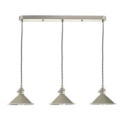 Dar Lighting Hadano 3 Light Bar Ceiling Pendant Light In Antique Chrome With Taupe Shades