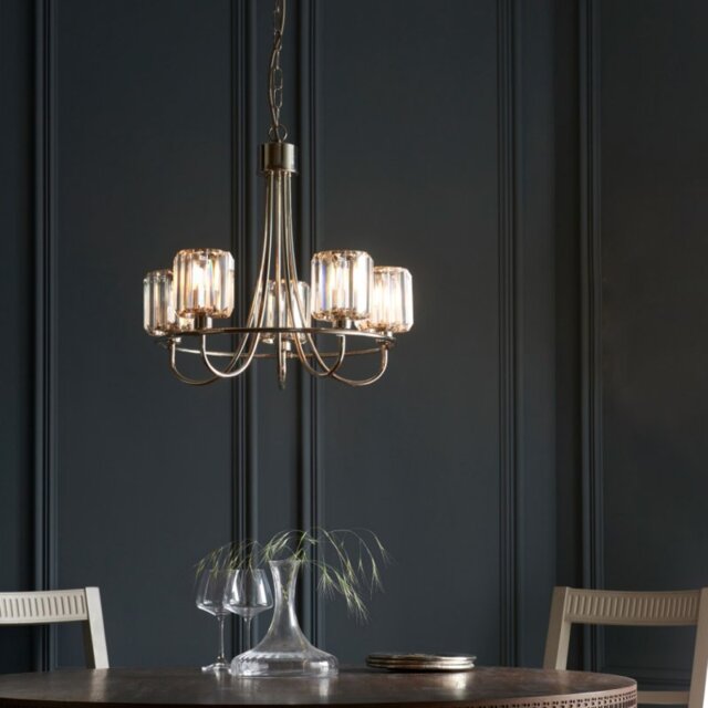 Endon 104108 Berenice 5 Light Ceiling Pendant Light In Bright Nickel With Cut Glass Shades