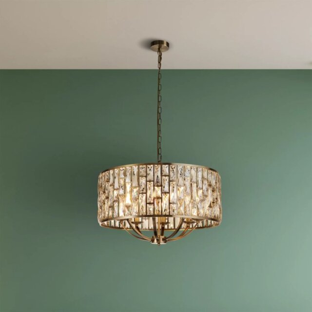 Searchlight Bijou 6588-8AB 8 Light Ceiling Pendant Light In Antique Brass Finish With Crystal Glass