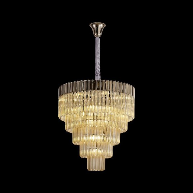 Prestige Metro Large Tiered Ceiling Pendant Light In Polished Nickel With Cognac Sculptured Glass 80cm