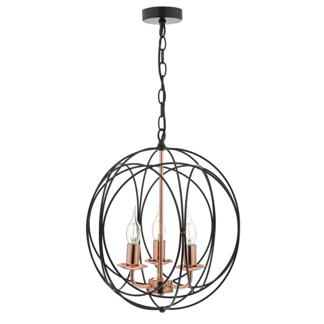 Dar PHO0322 Phoenix 3 Light Ceiling Pendant Light In Black And Copper