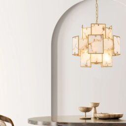Swiss 45 cm Round Pendant Or Semi Flush With Faux Gold And Brown Alabaster Panels