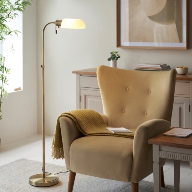 Endon 114204 Pharmacy Floor Lamp In Antique Brass With Opal Glass