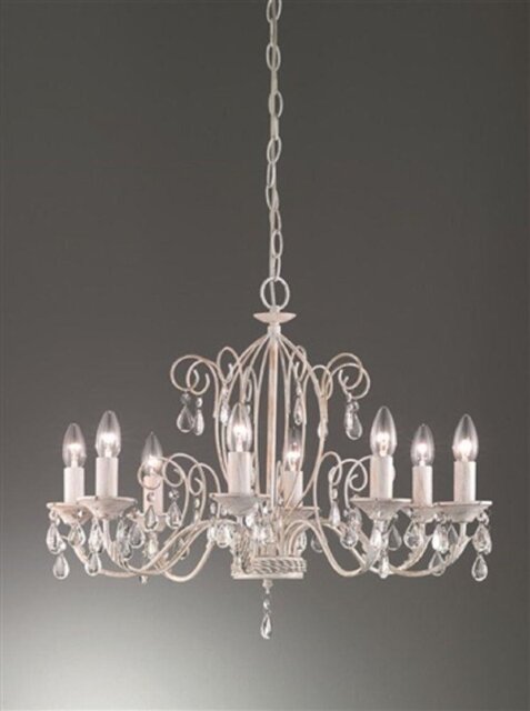 Franklite FL2355/8 Aria 8 Light Ceiling Pendant In White Ironwork With Gold Highlights And Crystals